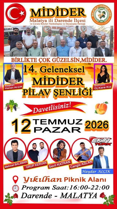 Darendeliler 14. Geleneksel MİDİDER Pilav Şenliği'nde Buluşuyor:    Birlik ve Beraberliğin Adresi Darende İlçesinde 14. Geleneksel MİDİDER Pilav Şenliği Yığılhan Mevkii Olacak