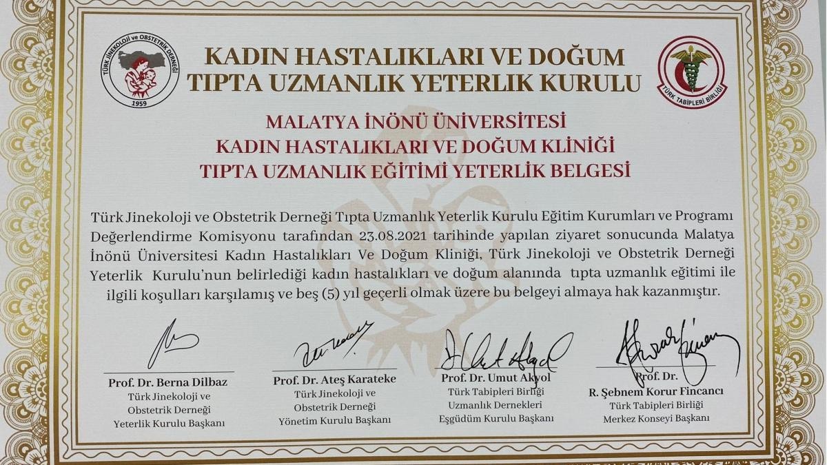 İnönü Kadın Hastalıkları ve Doğum Kliniği’ne Yeterlilik Belgesi