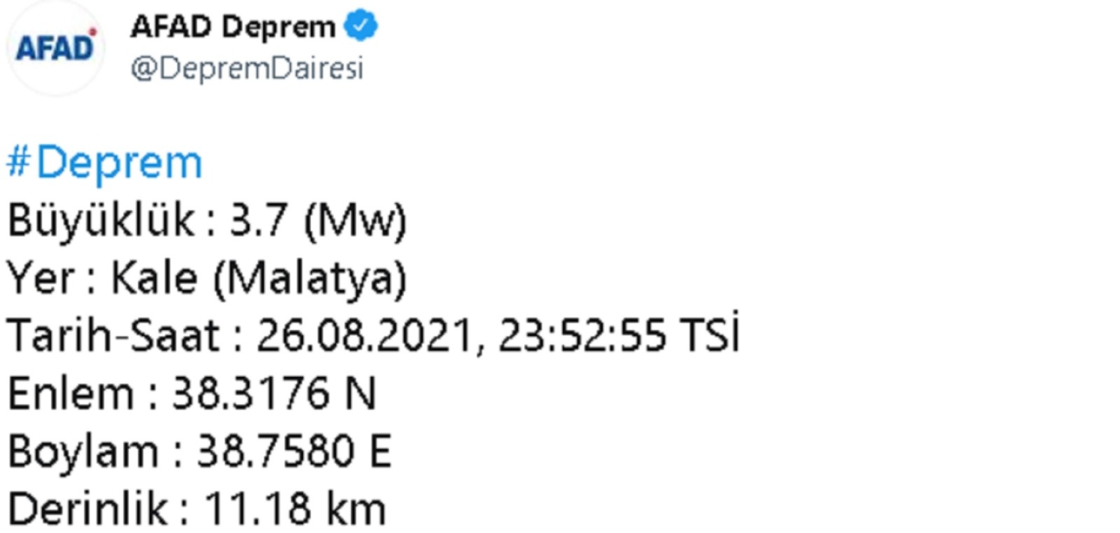 Malatya’da 3.7 büyüklüğünde deprem