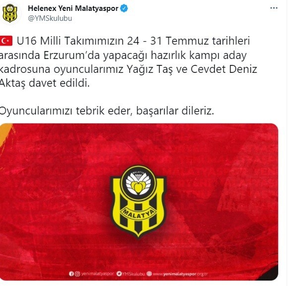 Yeni Malatyasporlu genç futbolculara milli davet