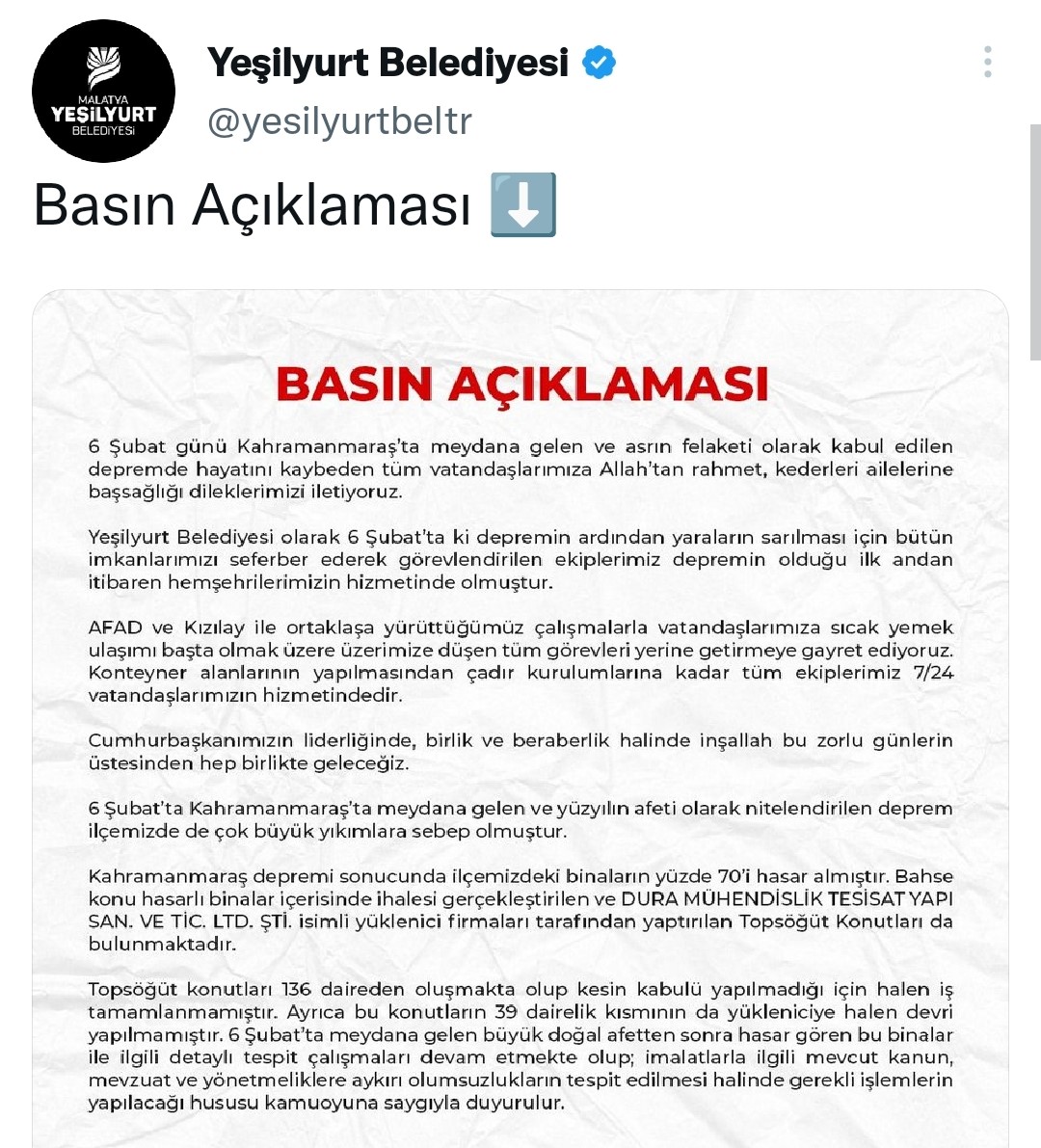 Yeşilyurt Belediyesi'nden Topsöğüt Konutları Açıklaması