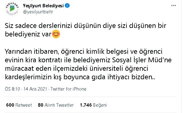 Yeşilyurt Belediyesinden üniversite öğrencilerine büyük jest