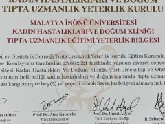 İnönü Kadın Hastalıkları ve Doğum Kliniği’ne Yeterlilik Belgesi