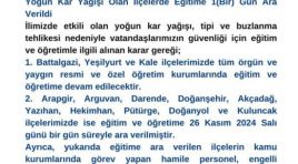 Malatya’da bazı ilçelerde eğitime 26 kasım salı günü ara verildi.